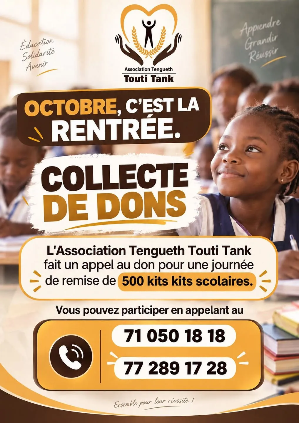 Affiche de la collecte de rentrée : « Octobre, c’est la rentrée — collecte de dons » pour 500 kits scolaires, avec les numéros 71 050 18 18 et 77 289 17 28